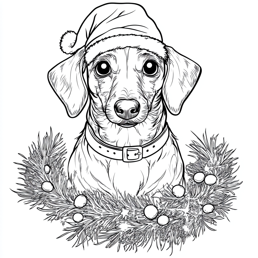 Dachshund with christmas hat on, coloring book page.