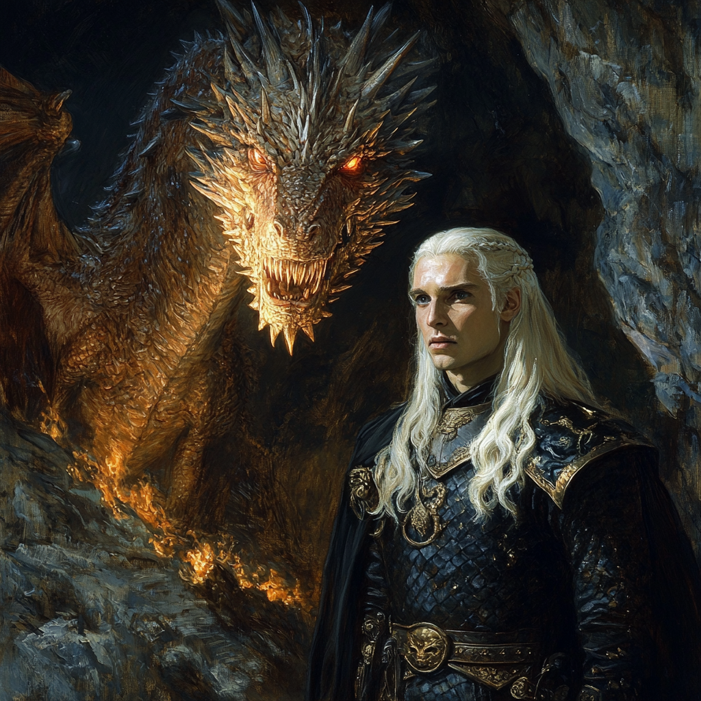 Daemon Targaryen with white hair standing in cave.