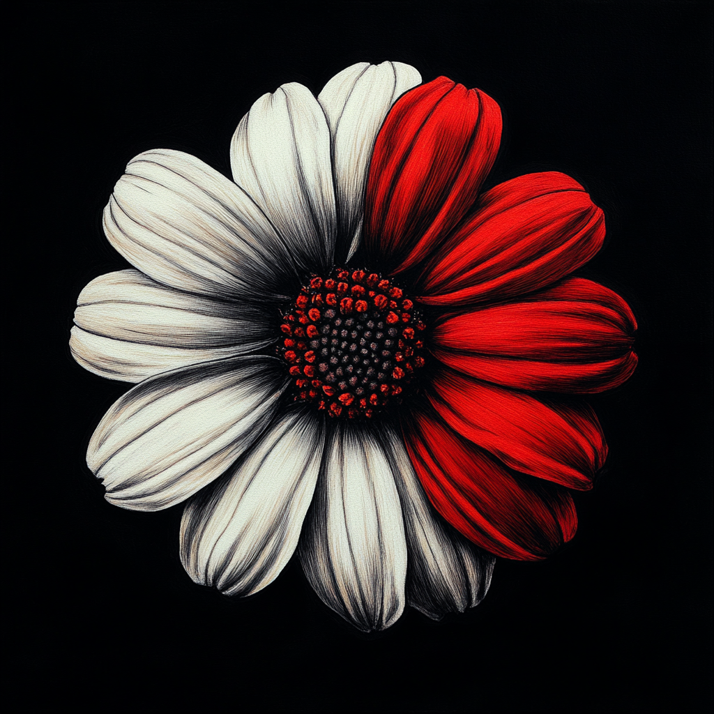 Daisy with white and red petals, minimalist drawing.