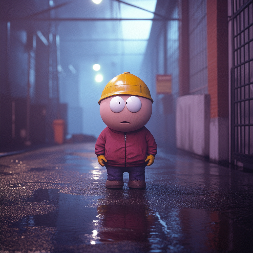 Dark, grimey Eric Cartman in 1980s, dramatic and cinematic.