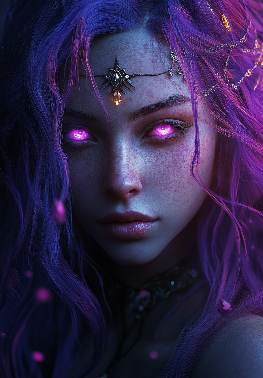 Dark Elf Woman with Purple Hair and Pink Glowing Eyes