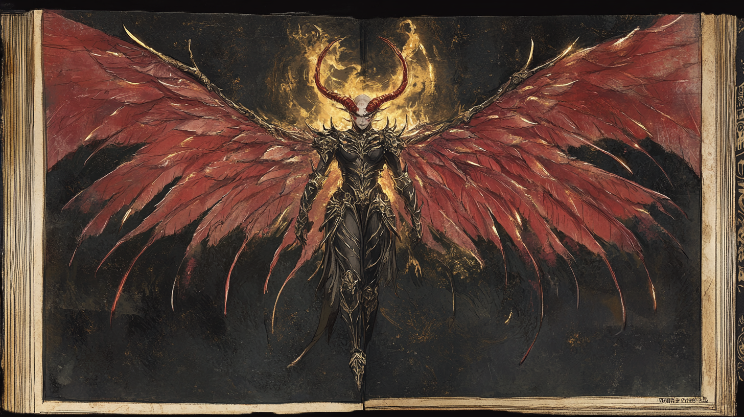 Dark armored angel with red and seraph wings flying.