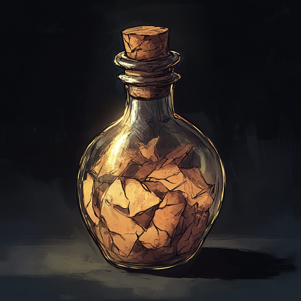 Dark fantasy illustration of tan potion with fabric chunks.