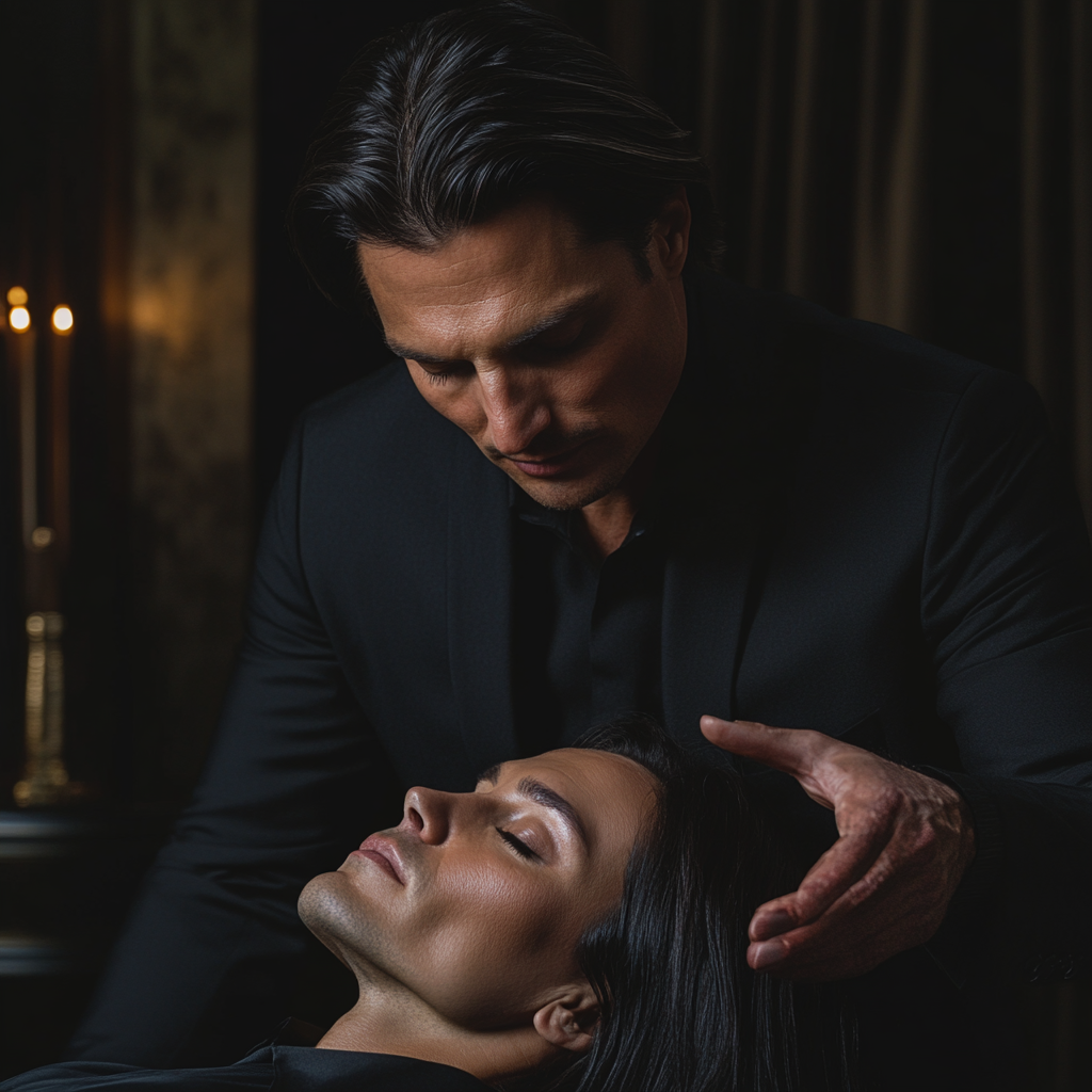 Dark-haired hypnotist guides celebrity into meditative state in luxurious setting.