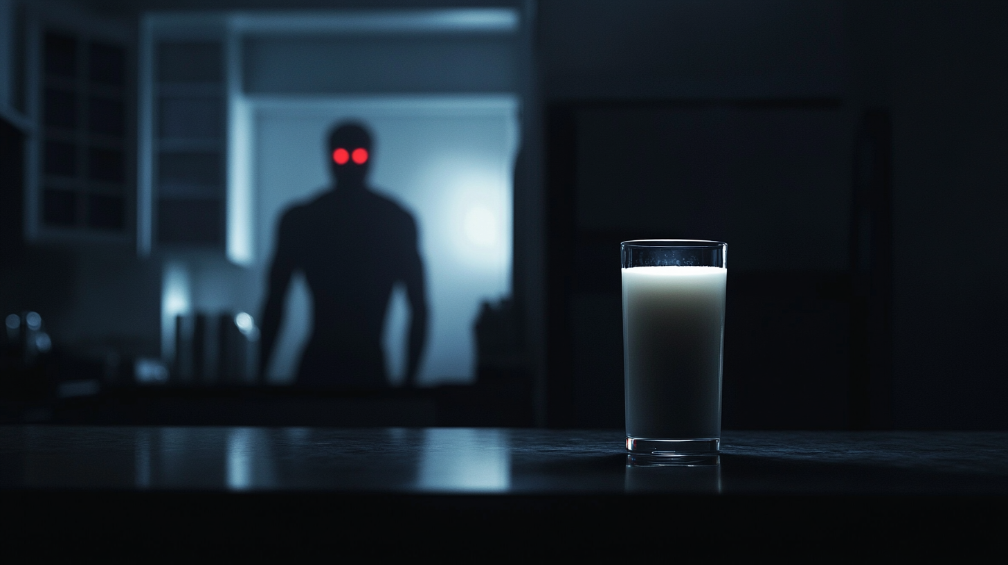 Dark kitchen, glowing glass of milk, shadowy Homelander