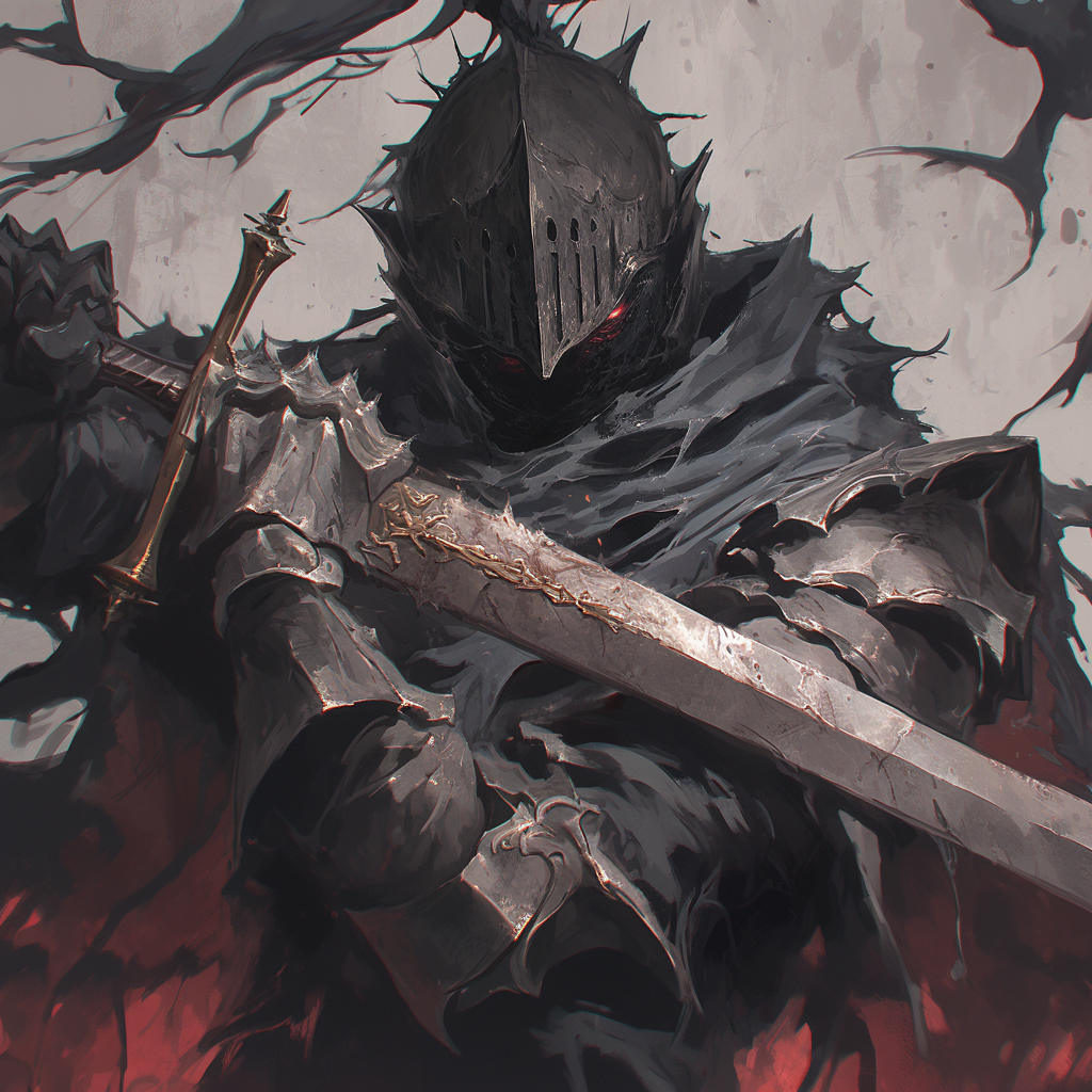 Dark knight with large sword, anime style artwork.