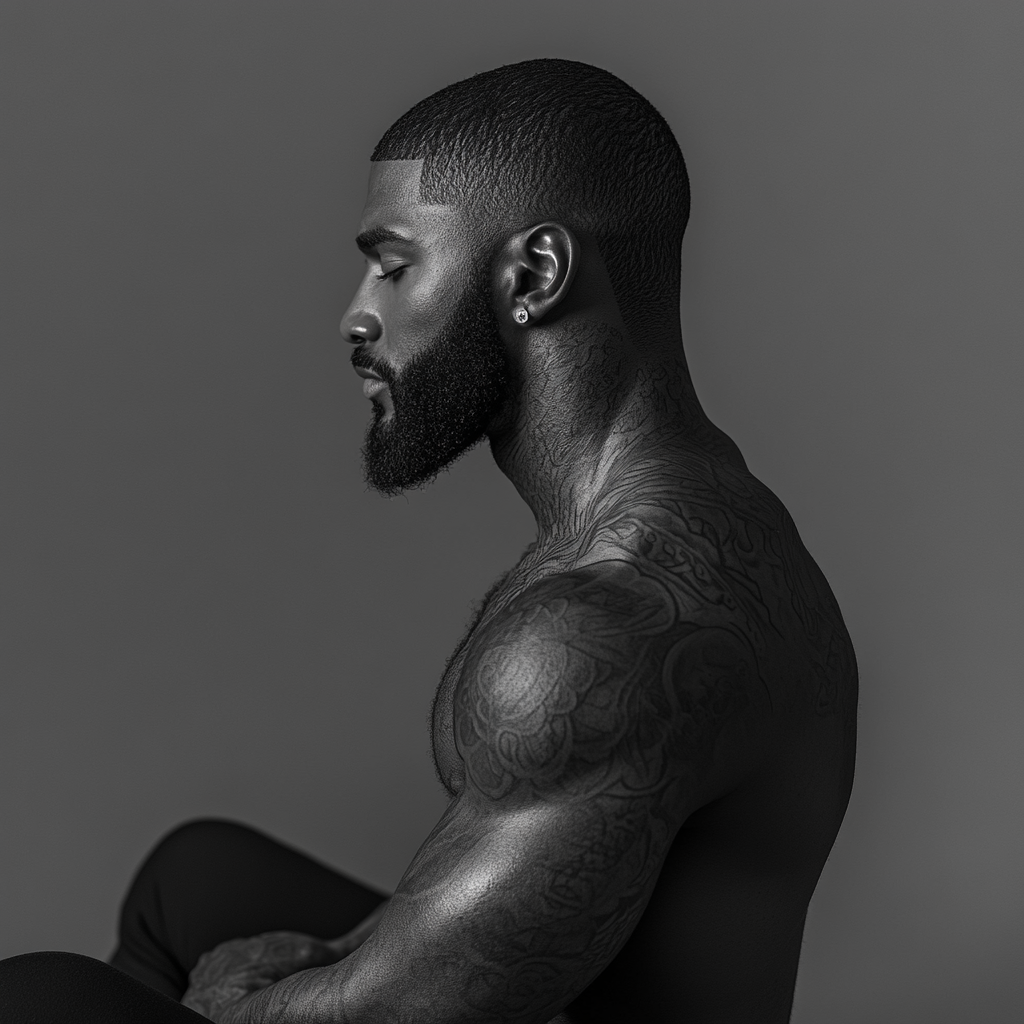 Dark-skinned man with tattoos and sharp edge up sitting.