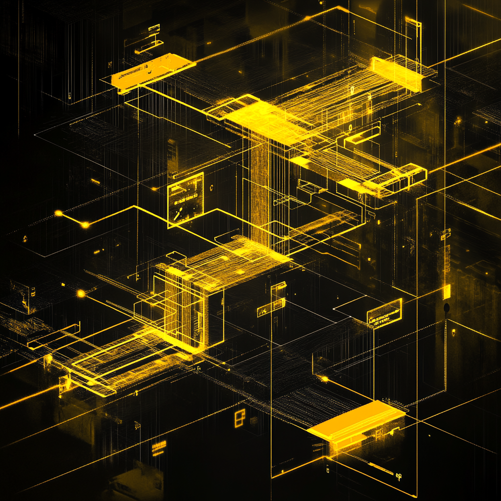 Decision flow chart in futuristic wireframe digital art style.