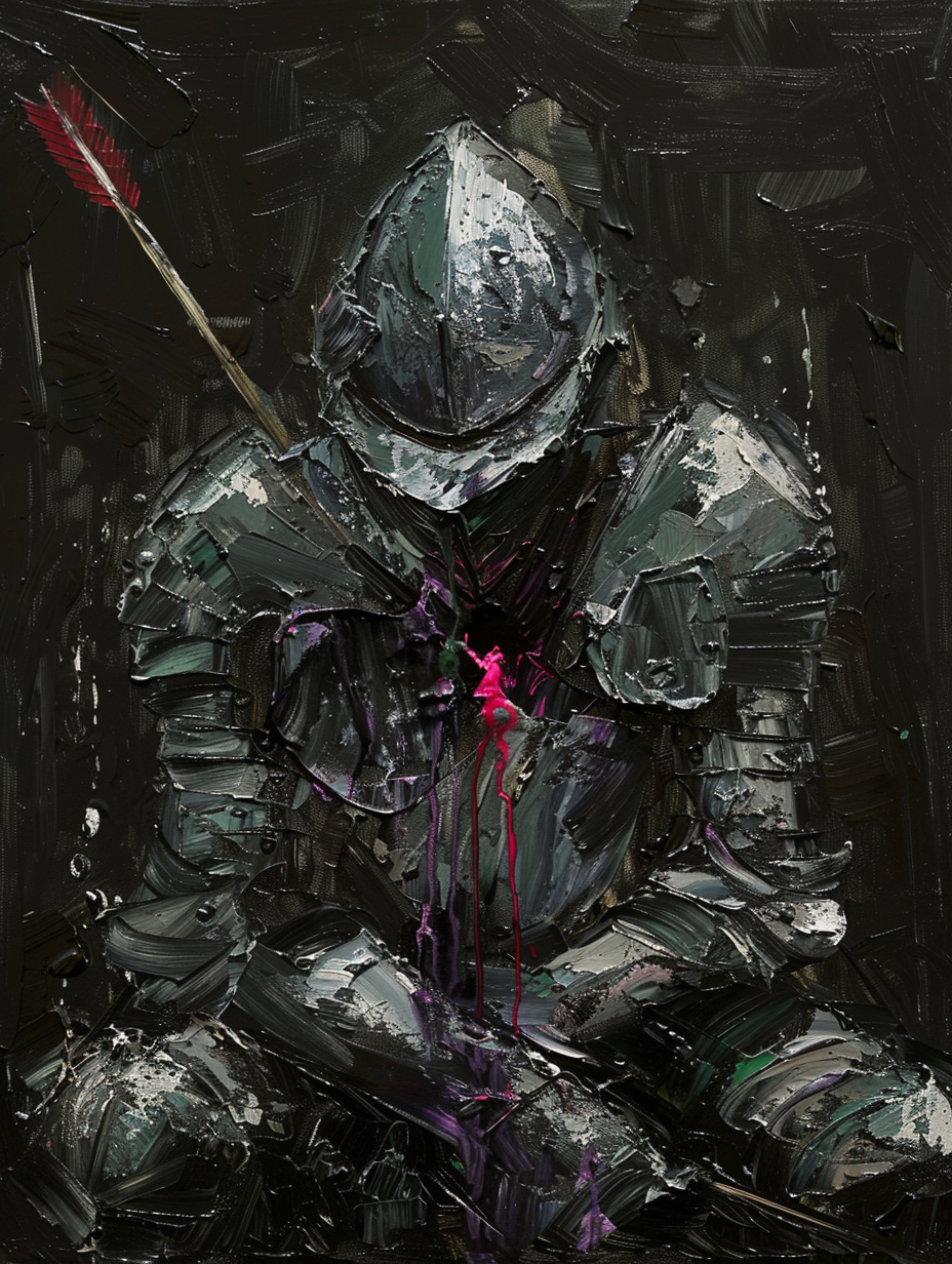 Defeated knight in armor, two arrows, bold colors.