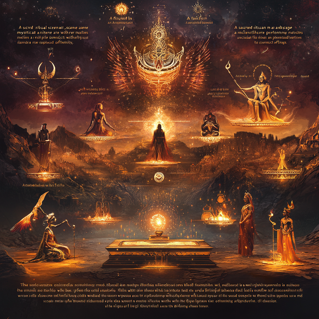 Deities performing ritual in mystical landscape, connected with humanity.