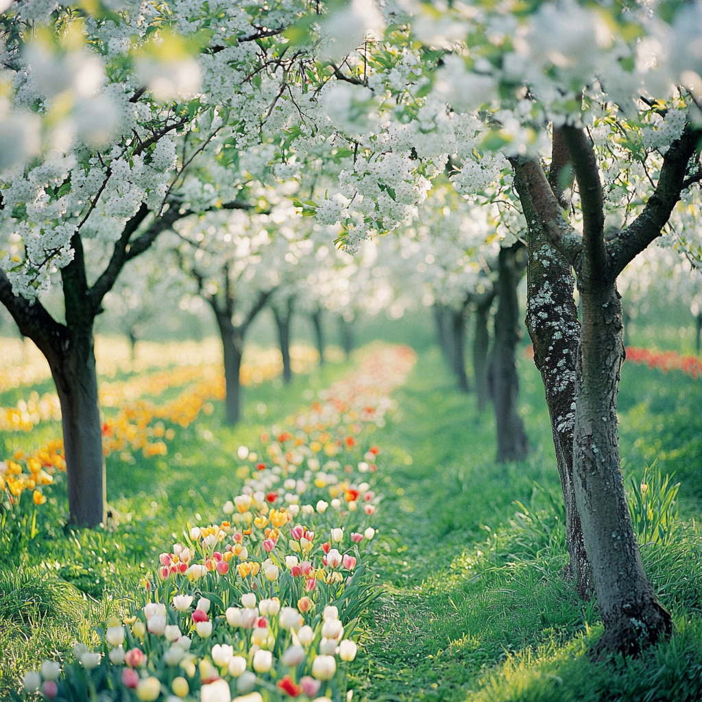 Delicate pastel blossoms contrast lush greens in orchard.