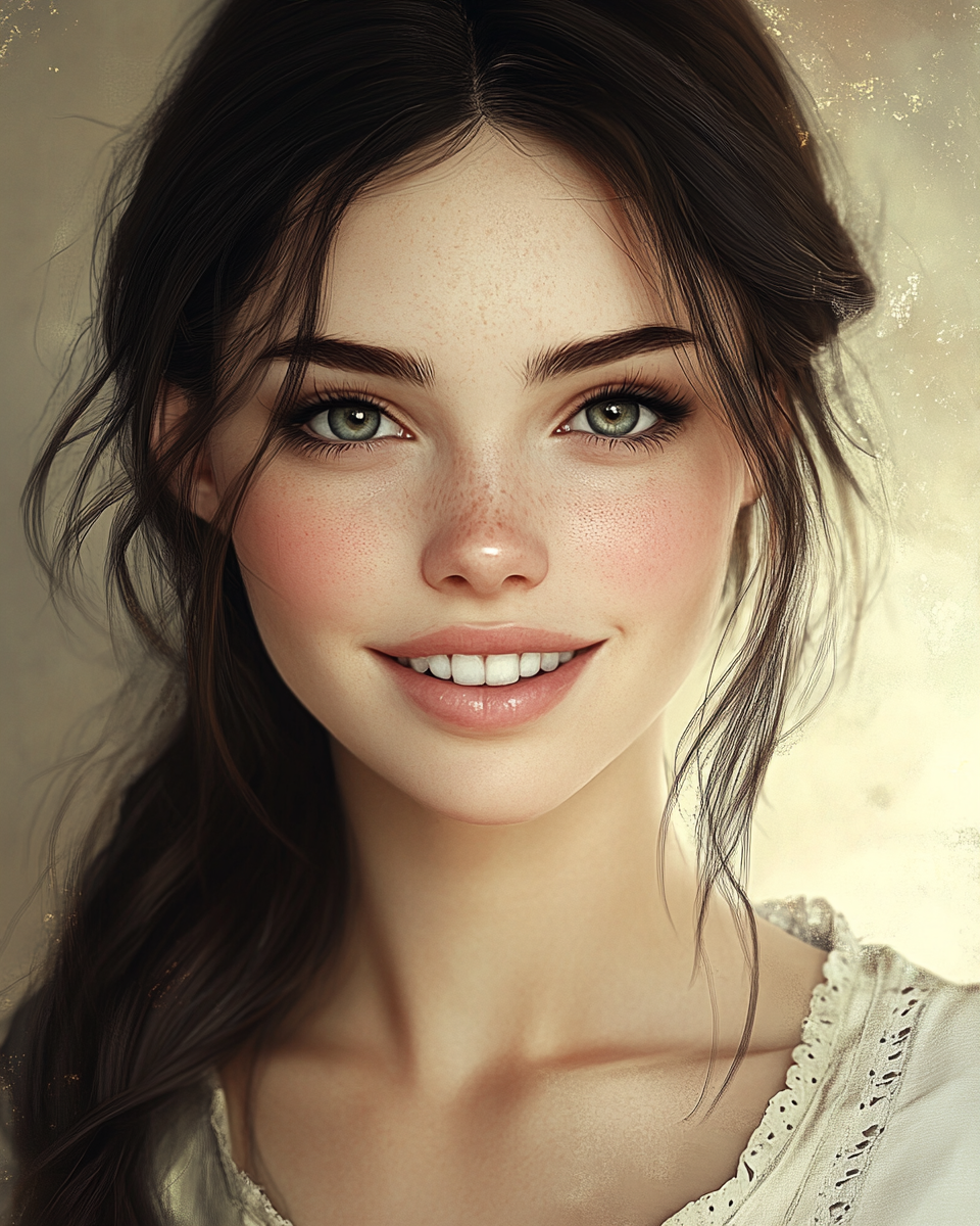 Delicate young woman with expressive eyes and warm smile.