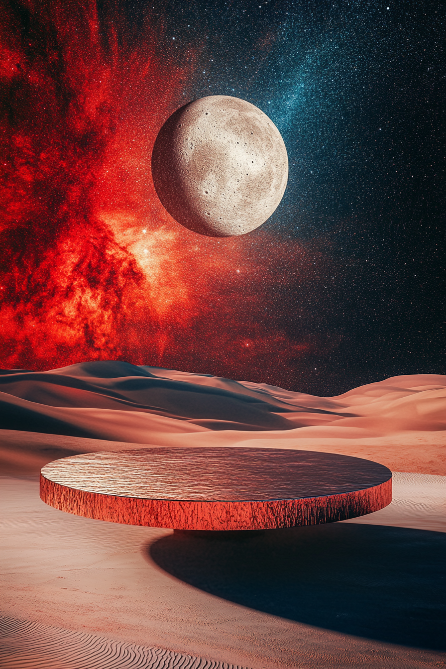 Desert dune with moonrise, chrome oval platform, cosmic atmosphere.