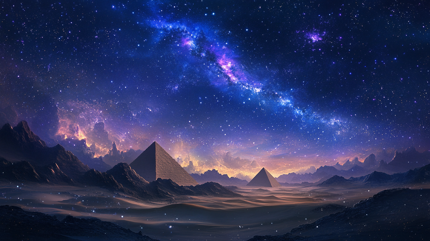 Desert oasis with pyramids in dark galaxy night sky.