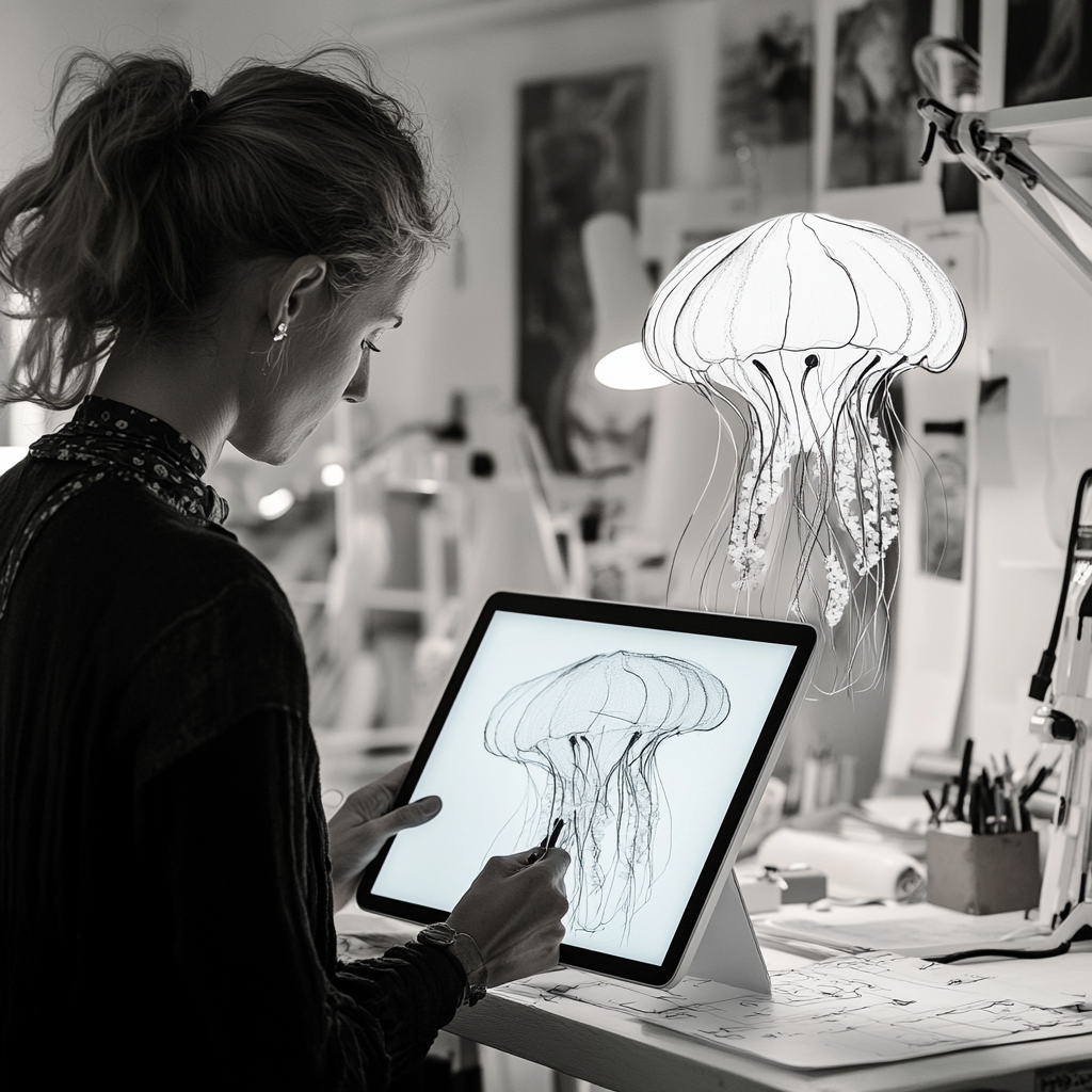 Designer with iPad drawing lamp inspired by jellyfish curves.