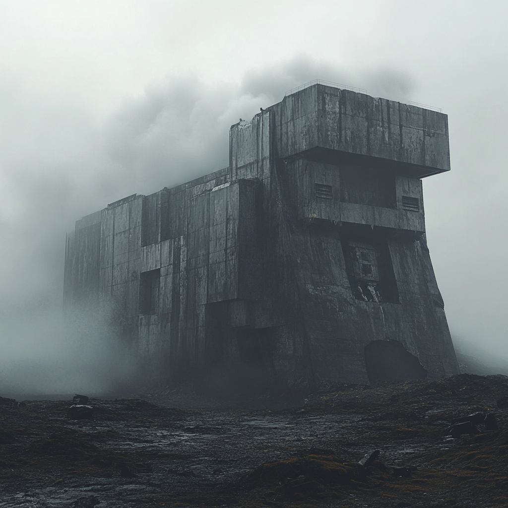 Destroyed german wwii bunker emitting smoke in foggy setting.