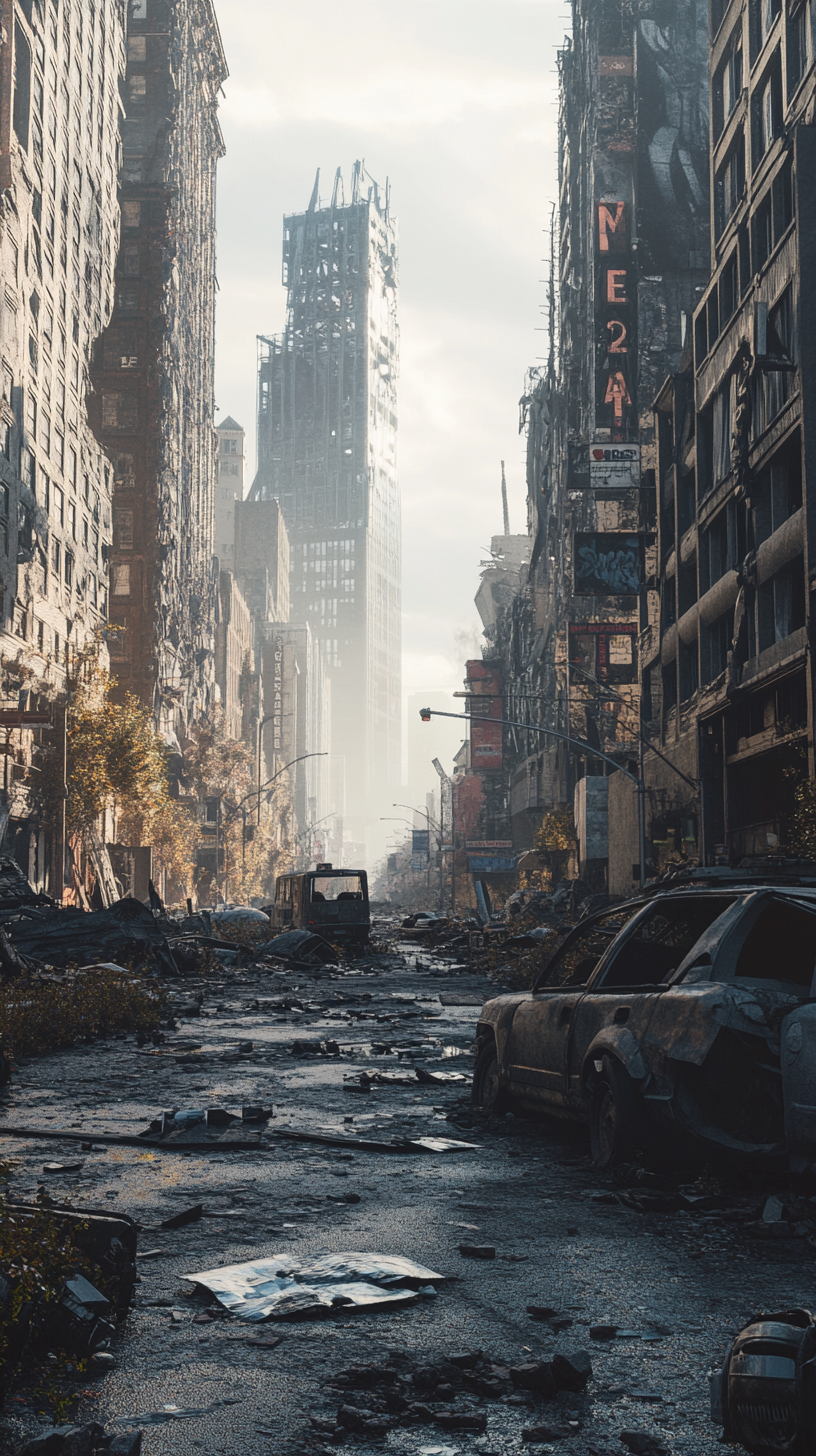 Detailed, high resolution street photo in ruined city.