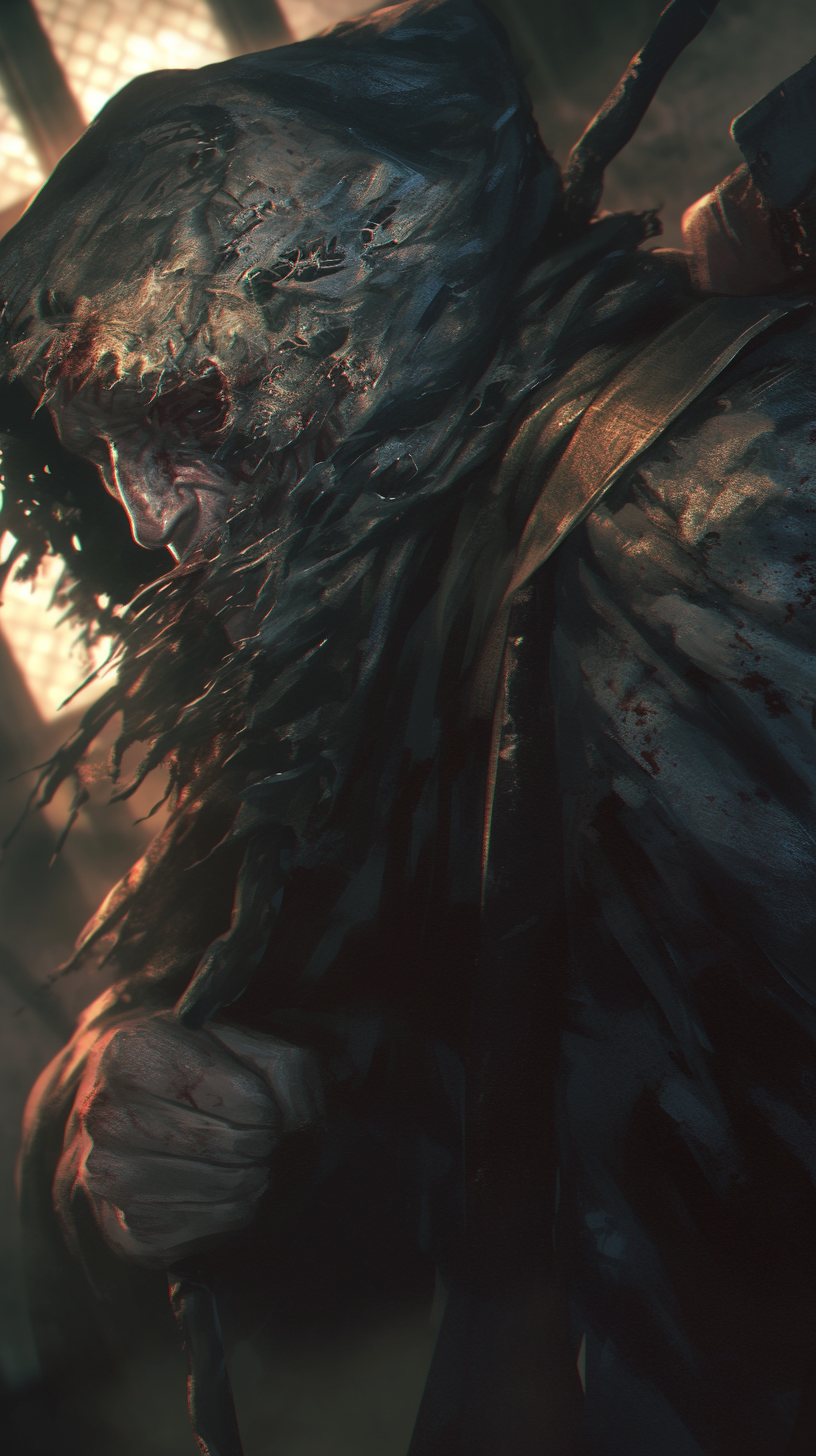 Detailed, horror artwork of a disheveled man in darkness.