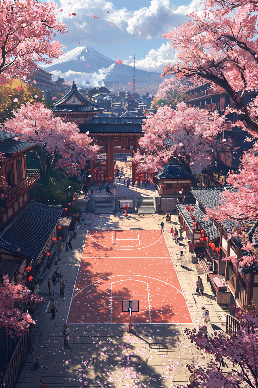 Detailed, photorealistic basketball court with cherry blossoms, lanterns, locals.