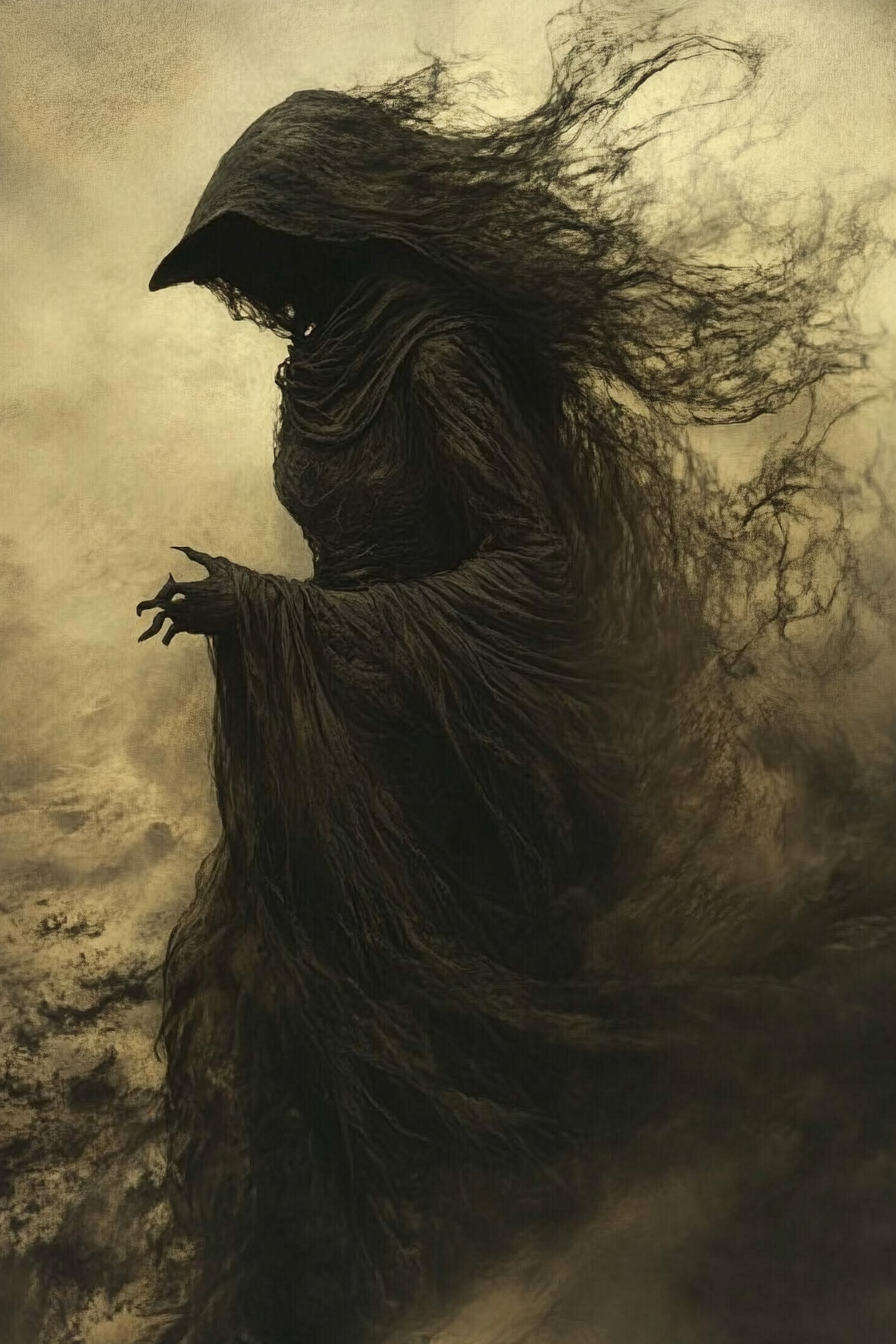 Detailed, realistic illustration of scary female witch in dynamic pose.