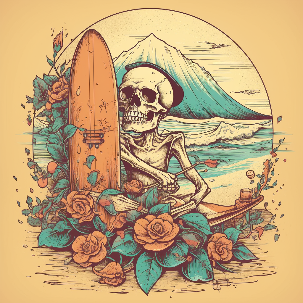 Detailed, vibrant beach scene with skull, rose, surfboard, skateboard.