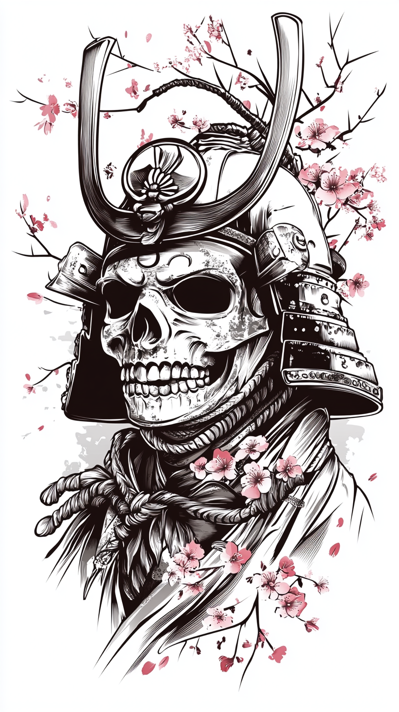 Detailed Samurai Hannya Mask Vector Outline with Cherry Blossoms