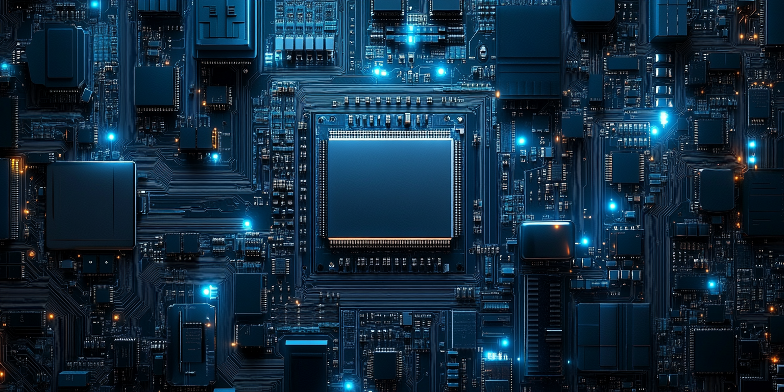 Detailed blue motherboard with complex circuitry and components.