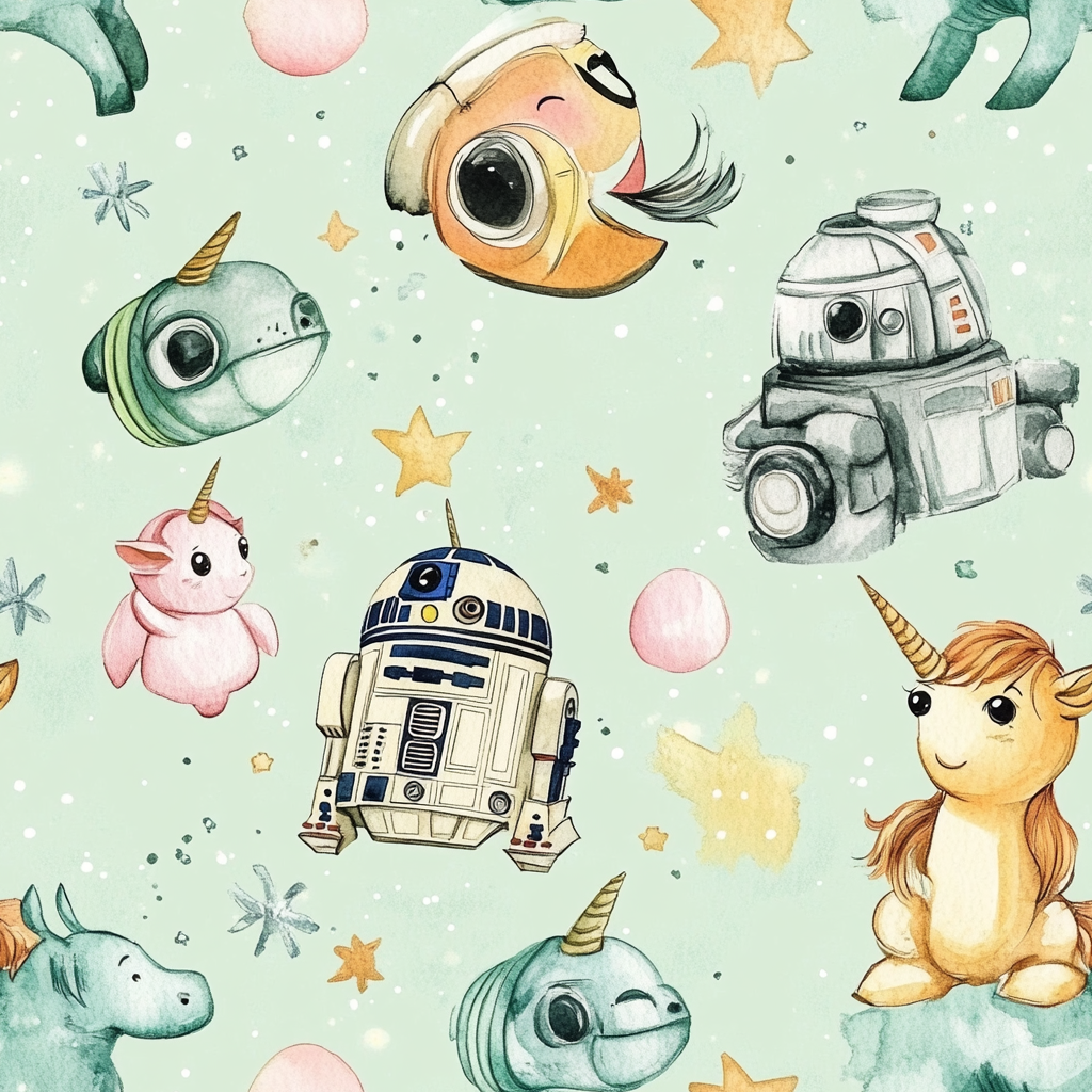 Detailed high-resolution Star Wars and unicorn children's book pattern.