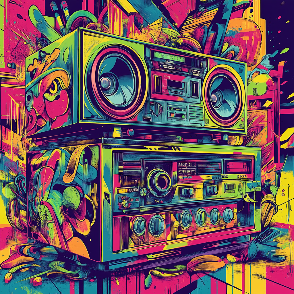 Detailed hip-hop stereo system inspired by graffiti art.