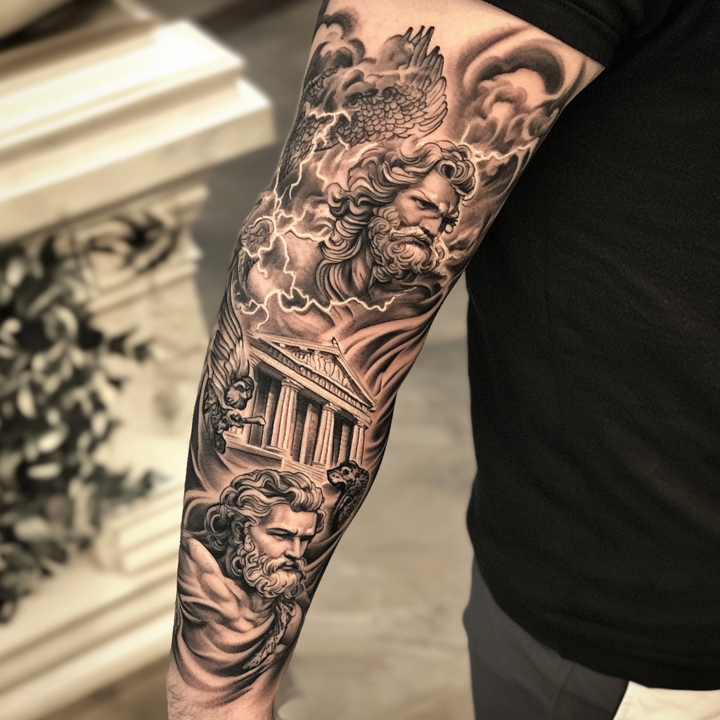 Detailed tattoo: Zeus, Athena, Poseidon, Parthenon, olive branches, clouds.