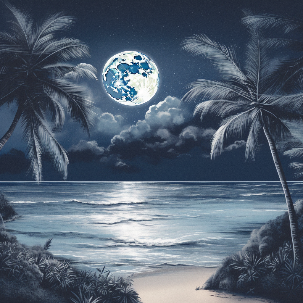 Detailed tropical beach with palm trees under full moon.