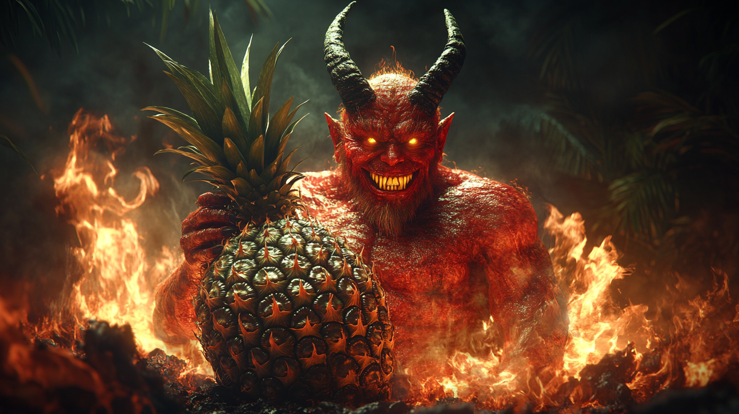 Devil with red skin holding large pineapple in fire.