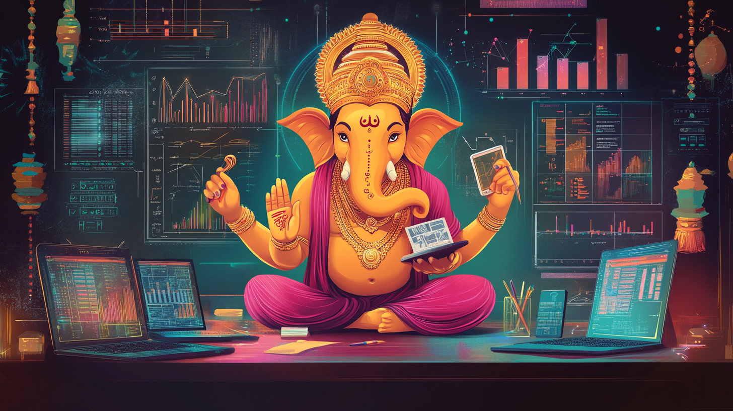 Digital marketing Lord Ganesha surrounded by modern tech.