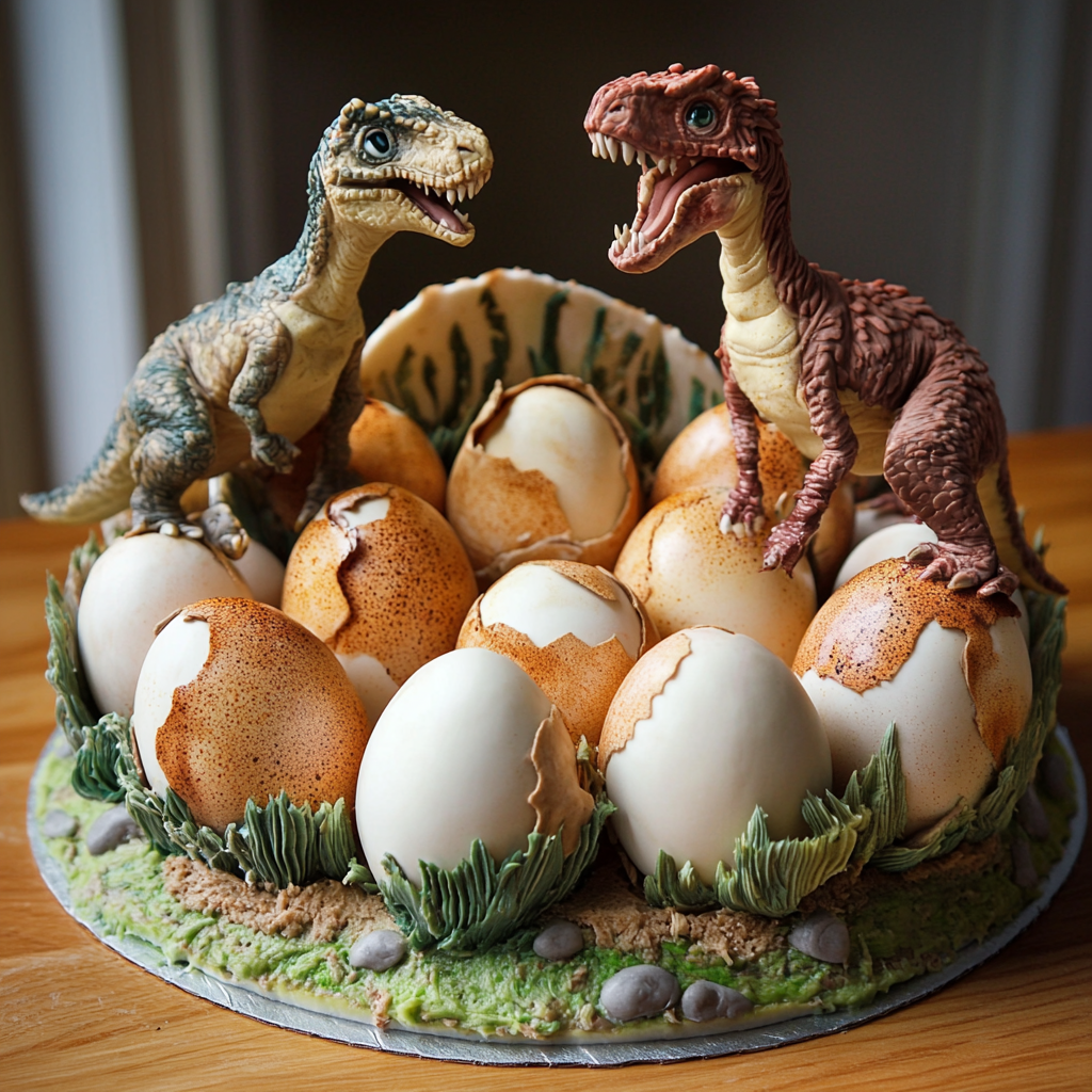 Dinosaur hatching from egg on birthday cake.