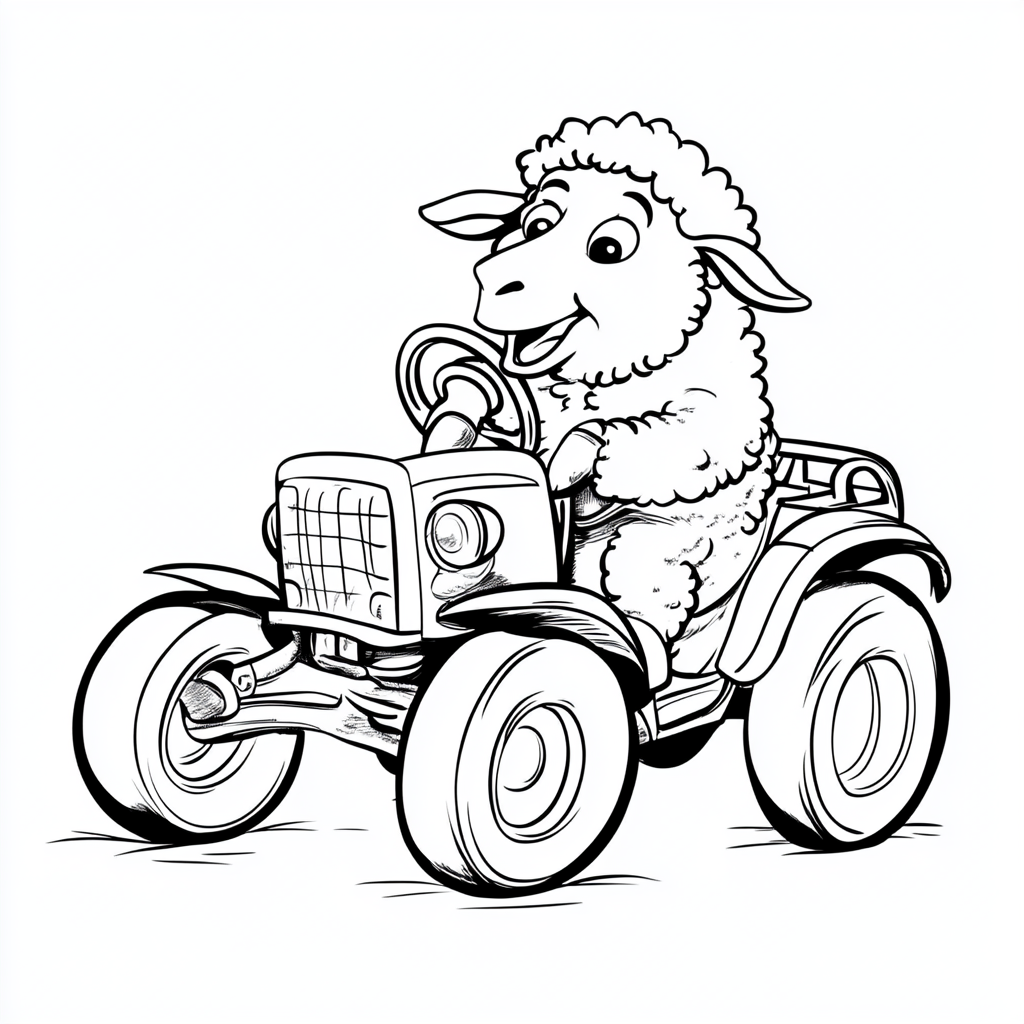 Disney cartoon sheep in tractor, ready for coloring book.