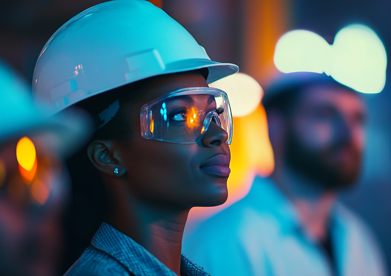 Diverse construction workers gathered around female project manager.