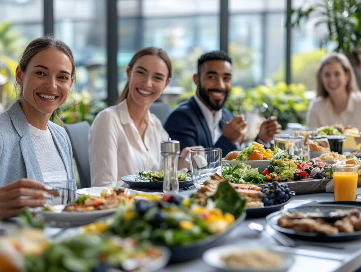 Diverse happy workers dining on nutritious meals, wellness focus.