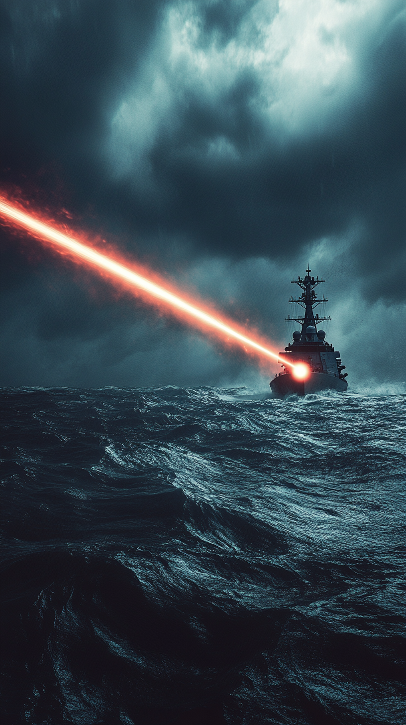 Dragonfire laser system on futuristic military ship fires.