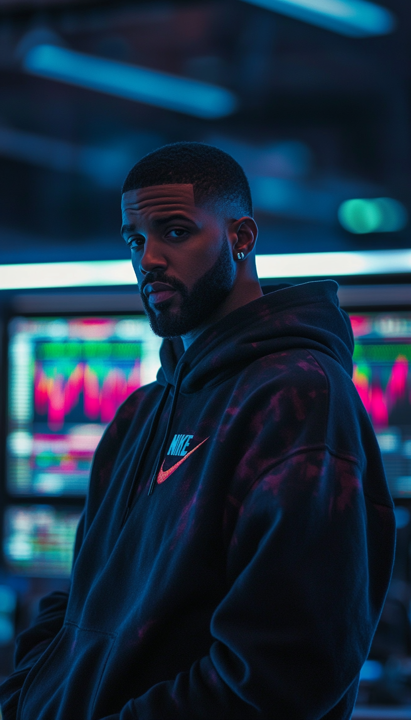 Drake in Nike hoodie with urban style posing proudly.