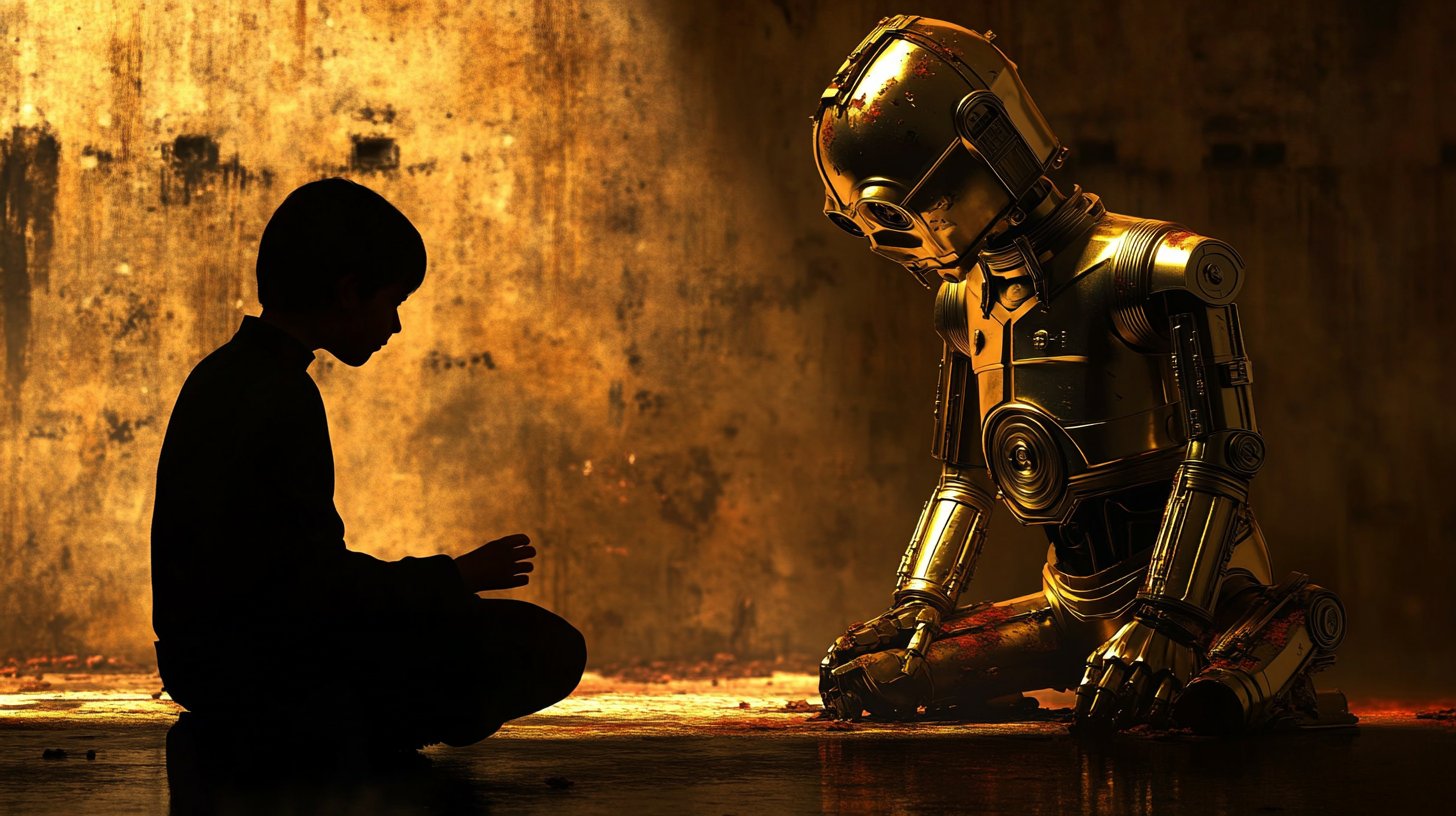 Droid damaged, Jedi examines. Star Wars scene, HD.