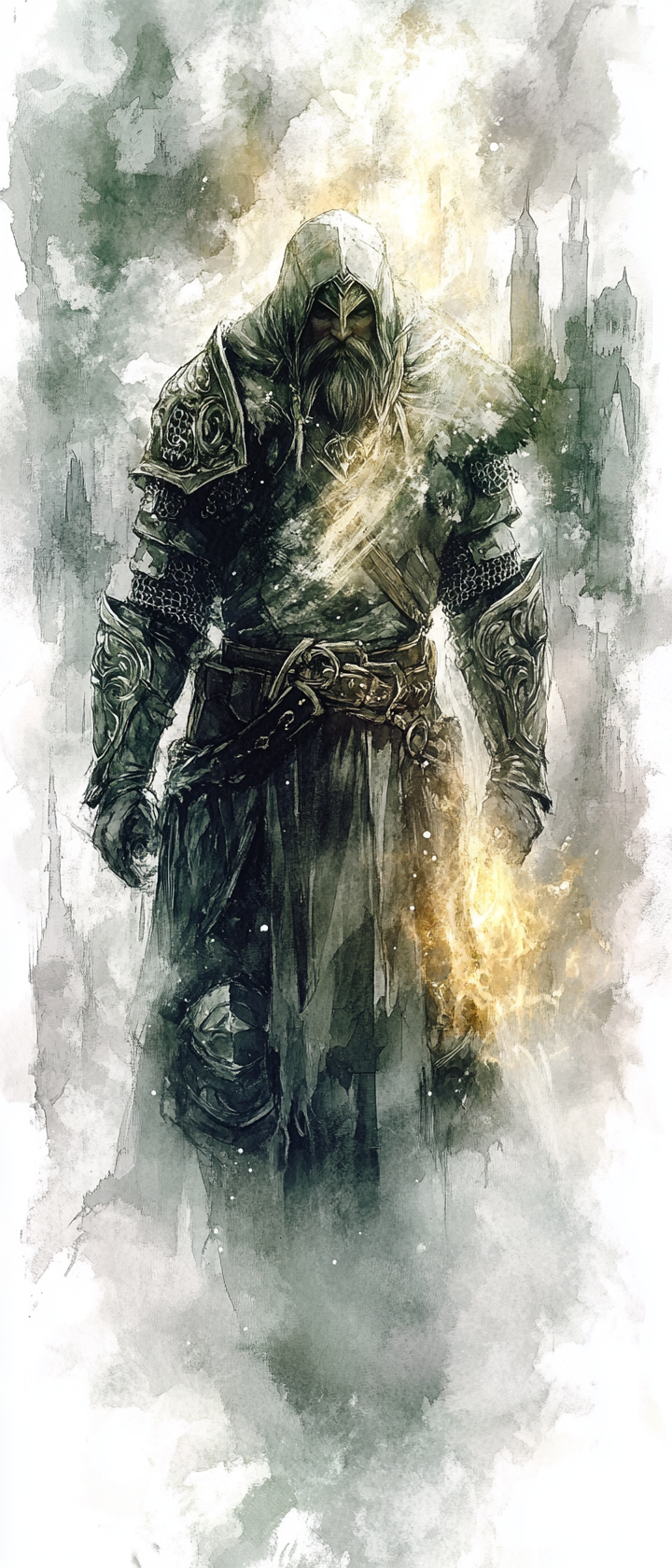 Dwarf paladin in bright armor casting spell. Etherial, dark fantasy setting, watercolor art.