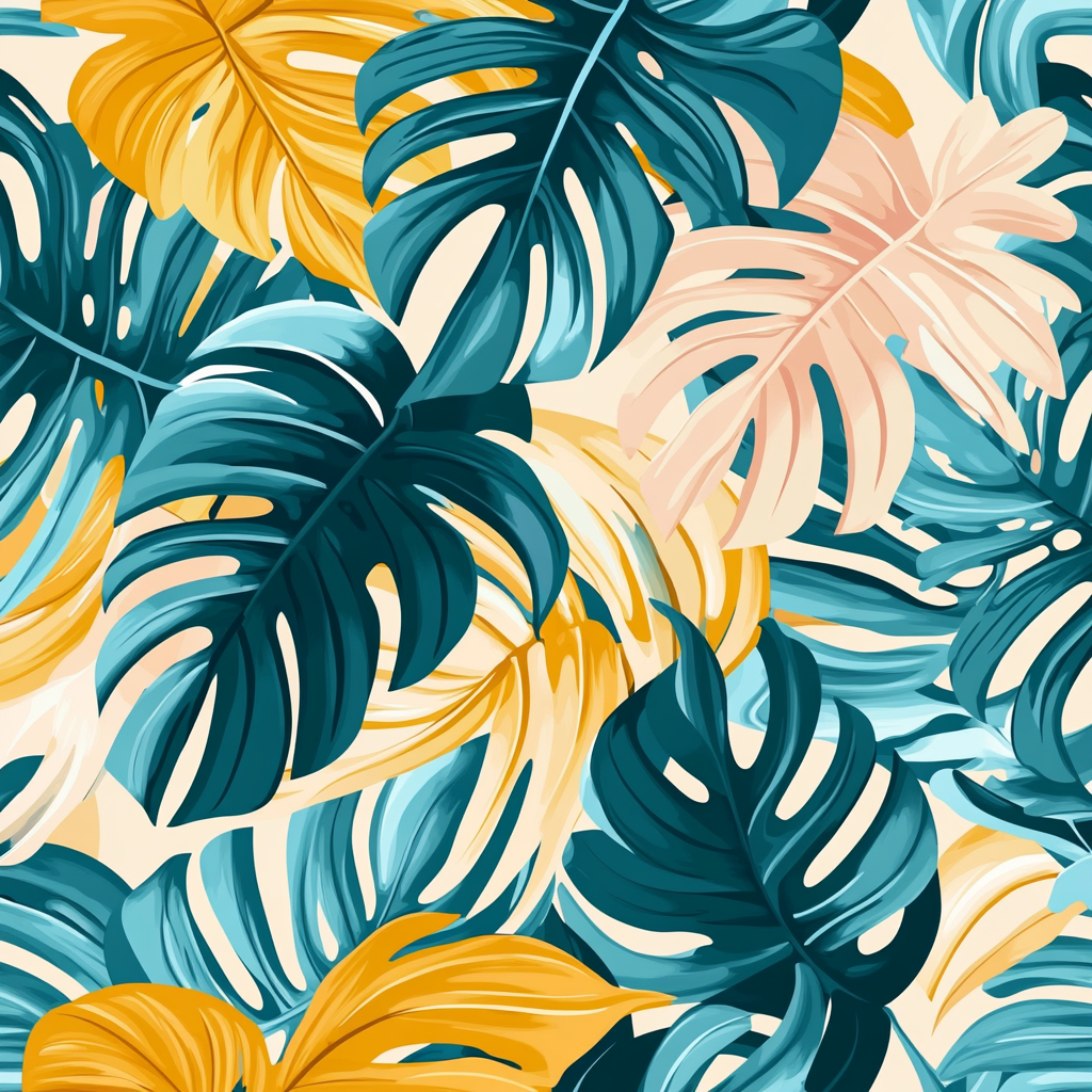 Dynamic abstract pattern with vibrant tropical leaves.