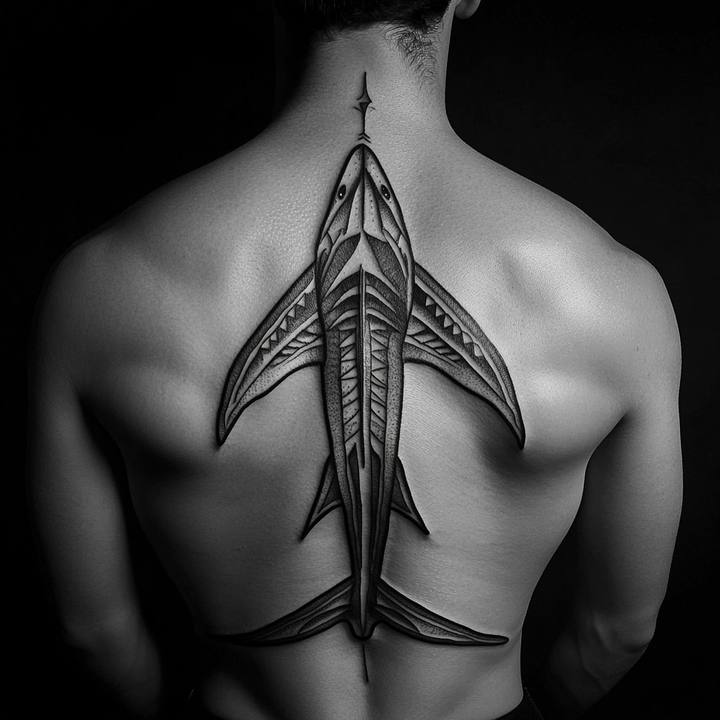 Dynamic black and white shark tattoo design on back.