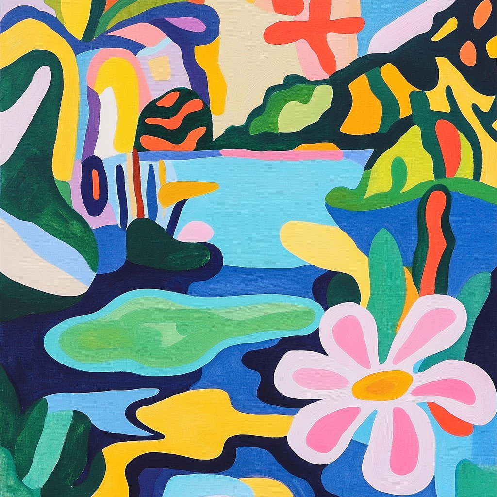 Dynamic lake with colorful flowers inspired by Matisse style.