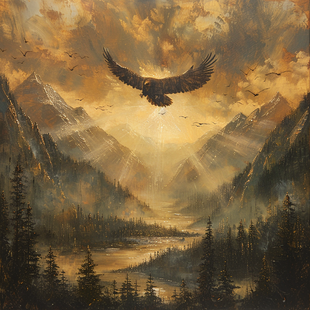 Eagle flying over mountains in Bob Ross style painting.