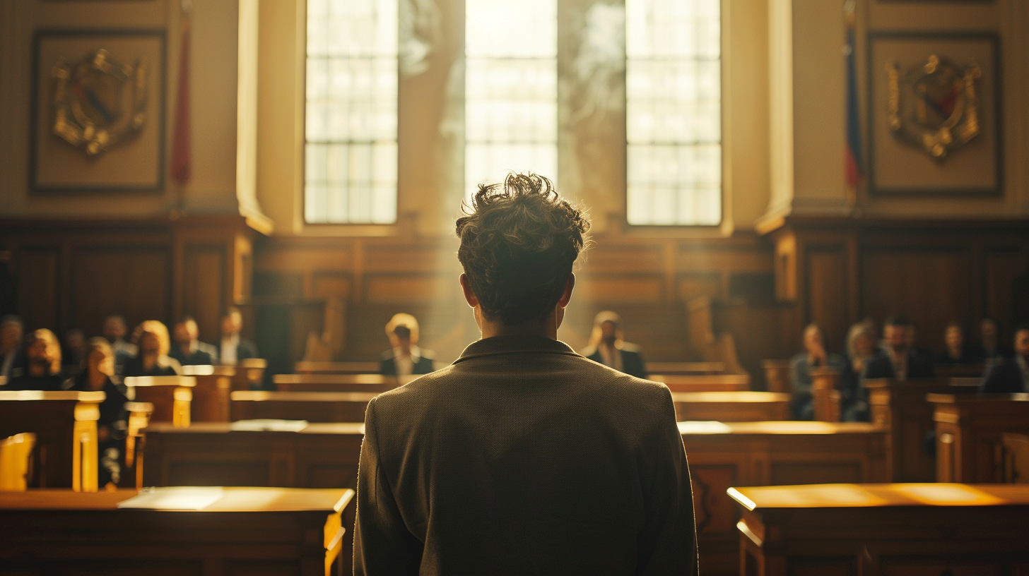 Educator practicing speech in formal courtroom setting.