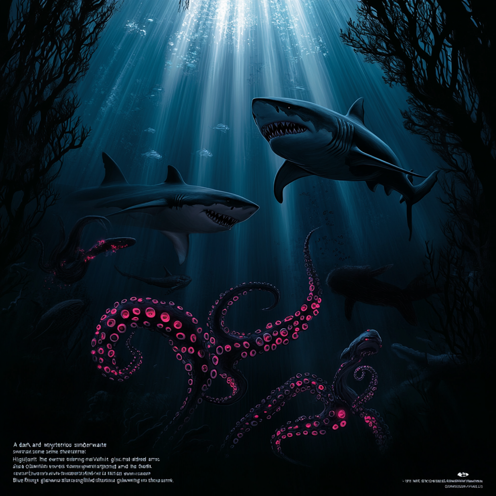 Eerie Vampire Squid, menacing Great White Shark, glowing Octopus.