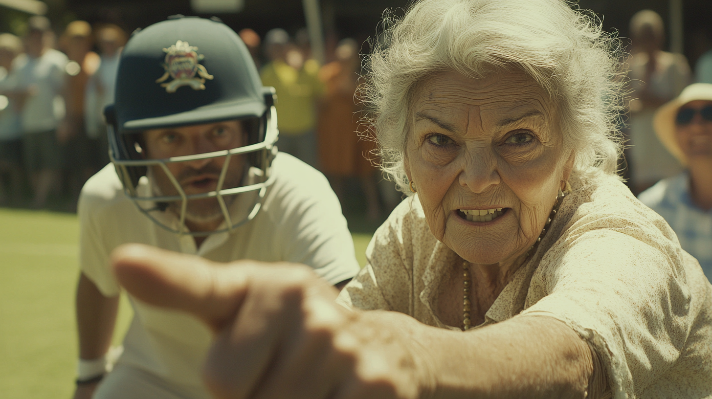 Elderly lady pointing finger guns at cricket player.