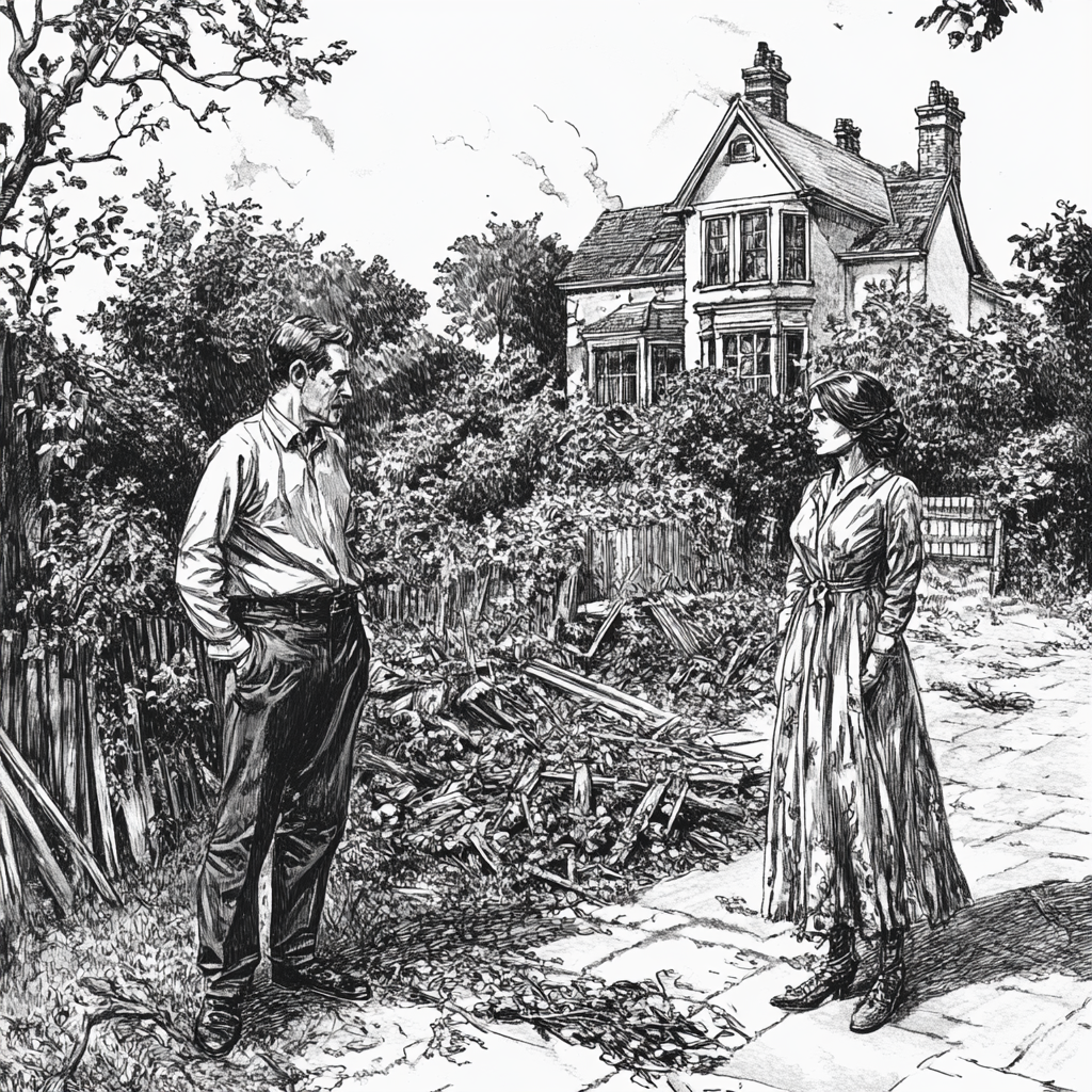 Elderly man and young wife in messy garden sketch.