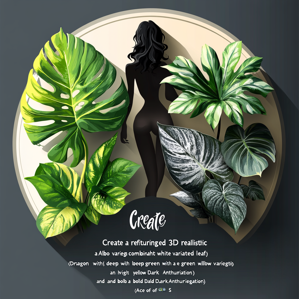 Elegant 3D logo with Monstera, Philodendron, Anthurium leaves, woman.